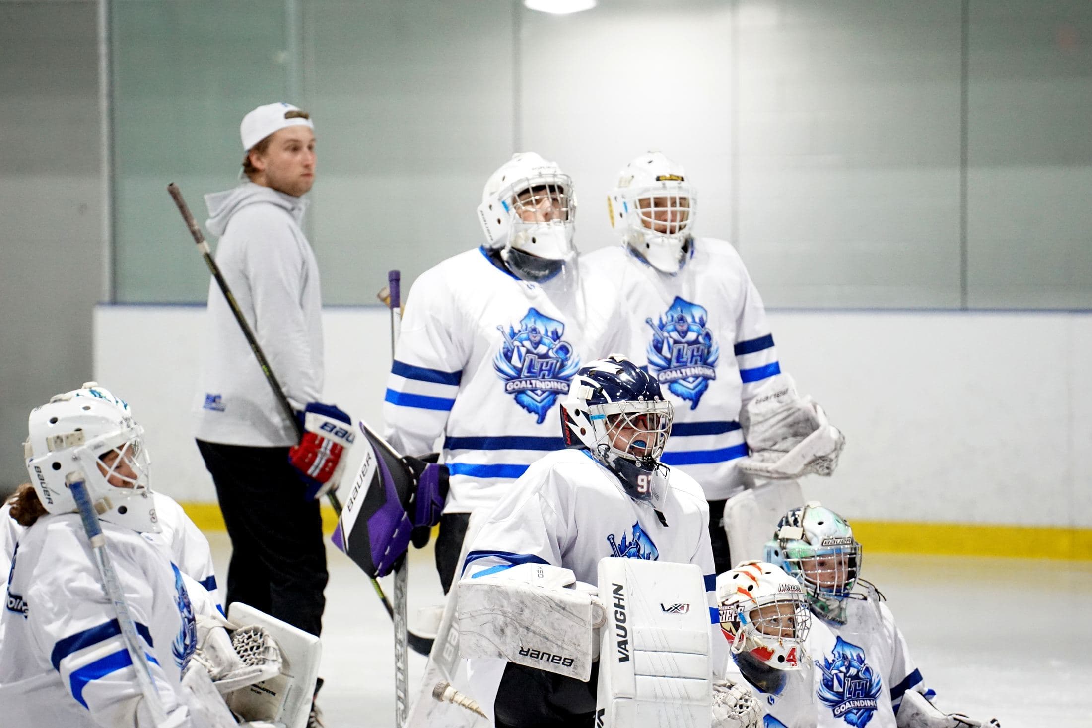 Line of goalies waiting their rep at LH Goaltending camp