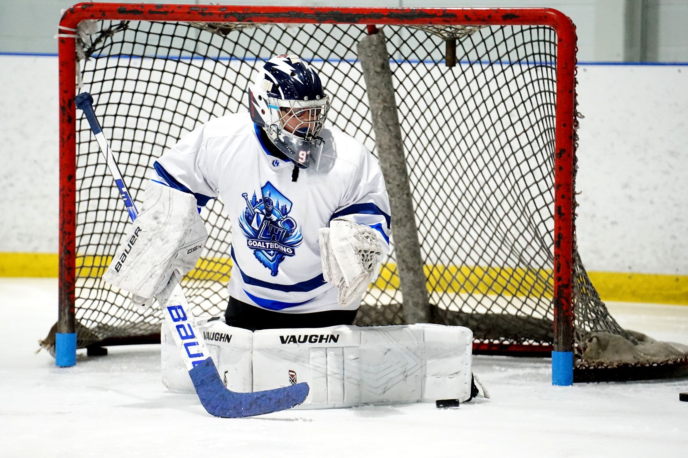 LH Goaltending goalie set in the crease during an on-ice session